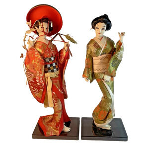 Nishi Japanese Vtg Geisha Doll Figures Lot of 2 Red Green Gold Floral Kimonos
